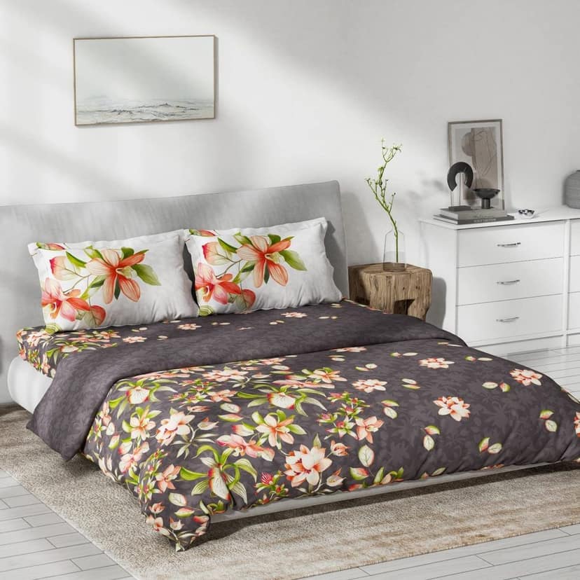 DDECOR - Prime Collection 100% Cotton Floral Pattern 136TC King Bedsheet |229 CM X 274 CM|, Quilt and with 2 Pillow Covers - Grey