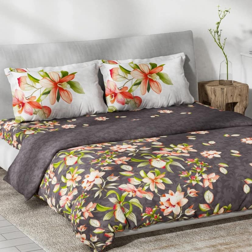DDECOR - Prime Collection 100% Cotton Floral Pattern 136TC King Bedsheet |229 CM X 274 CM|, Quilt and with 2 Pillow Covers - Grey view 2