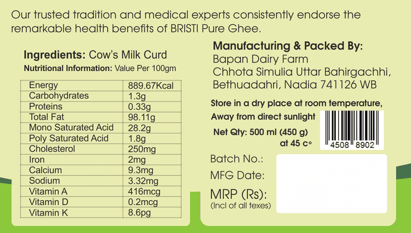 BRISTI A2 Desi Cow Ghee 400ml - Pure, Handmade, Rich Taste & Aroma view 2