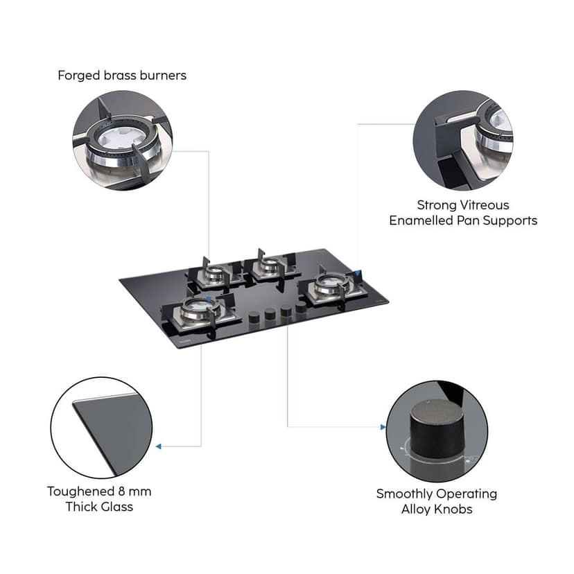 4 Burner Built-in Glass Hob with Forged Brass Double Ring Burner Auto Ignition (1074 SQ DB) view 2