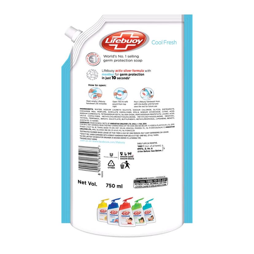 Lifebuoy Cool Fresh Activ Silver Formula Germ Protection Handwash Refill 750 Ml view 2