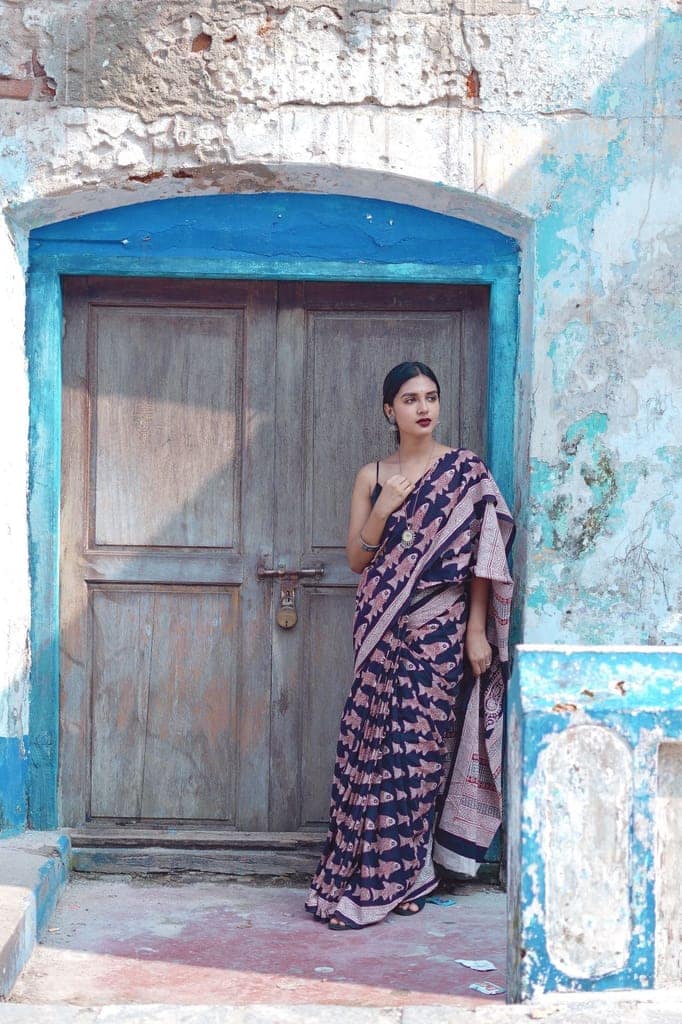 Kaisori Nandana Matsya handblockprinted cotton saree view 2