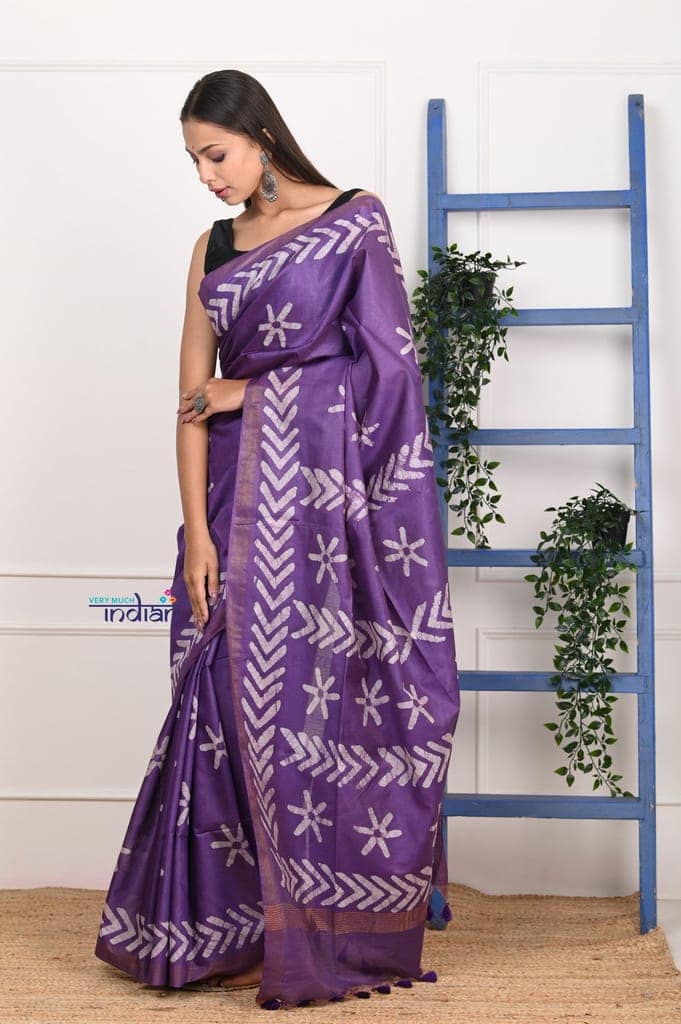 EXCLUSIVE! Handmade Tie and Dye Cotton Hand Block Print Purple Saree By Women Weavers view 2