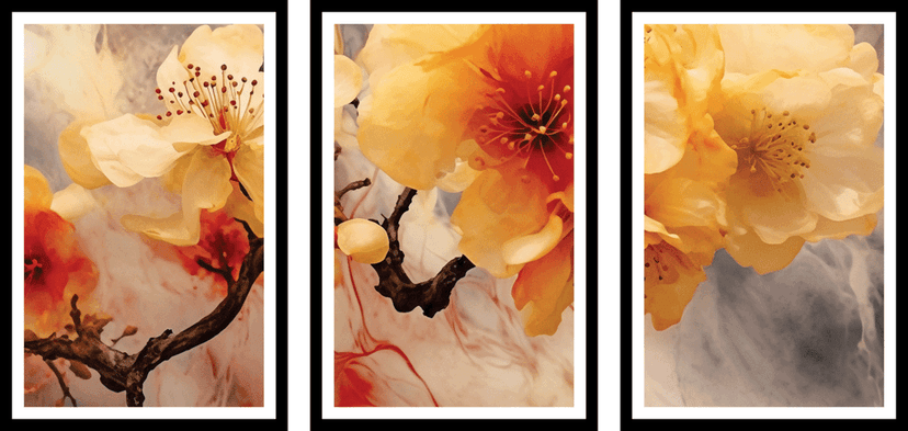SET OF 3 YELLOW FLORAL PRINTS 48in X 24in WITH BLACK FRAME view 2