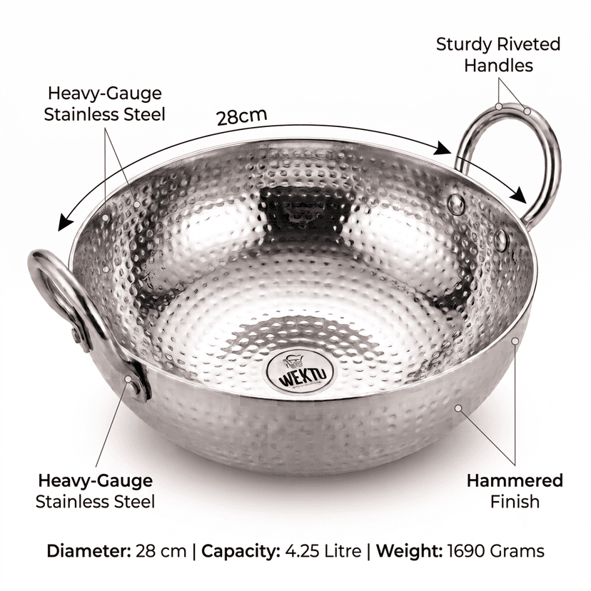 WEKTU Premium Stainless Steel Hammered Kadhai – Heavy Gauge Mathar Kadhai with Sturdy Riveted Stainless Steel Loop Handles | Mirror Finish Cook & Serve Deep Kadhai for Home & Kitchen view 2
