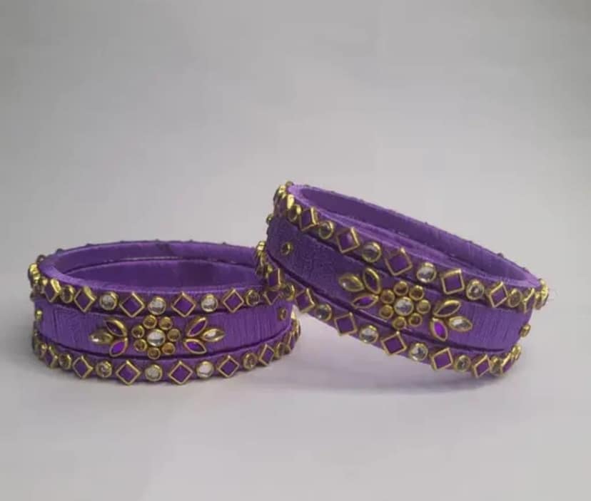 Purple Silk Thread Bangle Set with Gold Stone Embellishments view 2