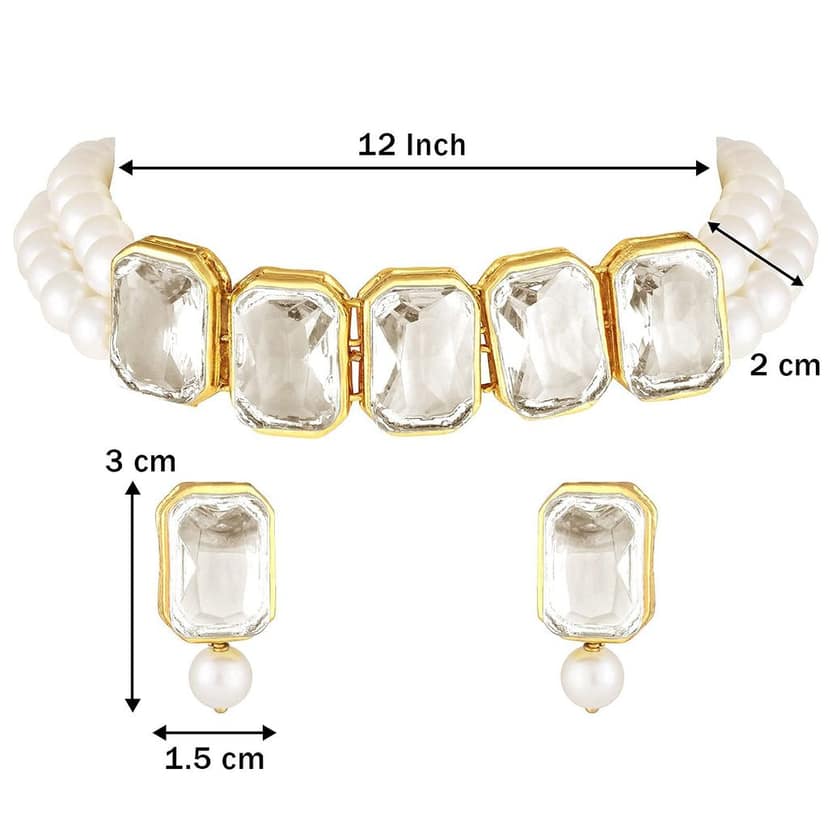 Gold Plated Traditional Crystal Stone Pearl Studded Choker Necklace Jewellery Set for Women view 2