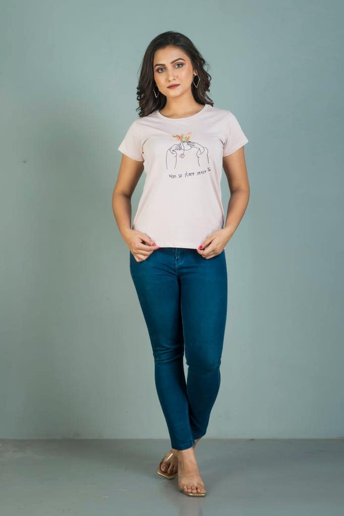 Light choco cream coloured hand embroidered Women’s cotton t shirt.