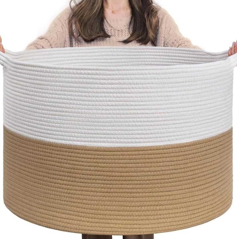 Generic Cotton Pack Of_1 16x14 Inch Storage Basket For Clothes With Out Lid (Beige-White)-PID66400 view 2
