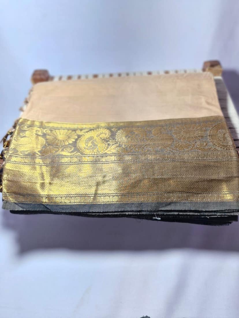 NVMSD004-Creamy Color Muga Silk saree with Mango Design Golden Zari Border view 2
