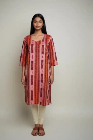 Sambalpuri Ikat Maroon Orange Cotton Kurti
