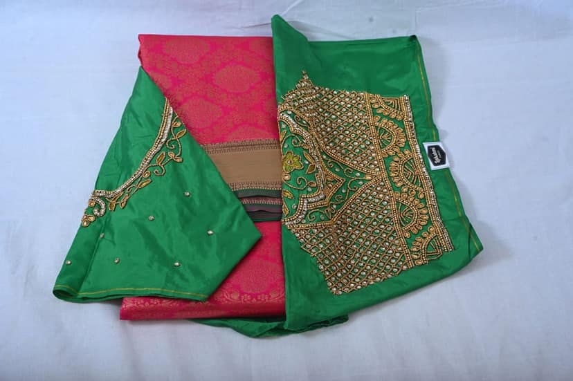 Green and Pink Embroidered Silk Saree view 2