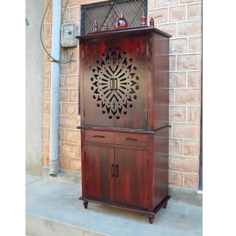 Solid Sheesham Cabinet Wood Mandir for Home | Temple for Home with 2 Doors, One Drawer | Pooja Mandap in Provincial Teak Finish for Home & Office Furniture - 1 Piece view 2