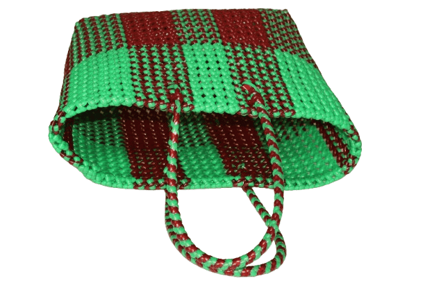 Handwoven Plastic Basket - Green & Maroon - Stylish & Durable