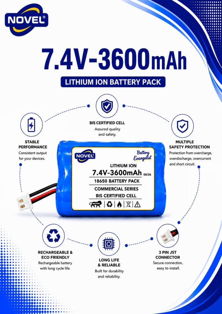 NOVEL 7.4V BMS 18650 LITHIUM ION DUAL BATTERY PACK WITH JST 2PIN- 3600mAh view 2