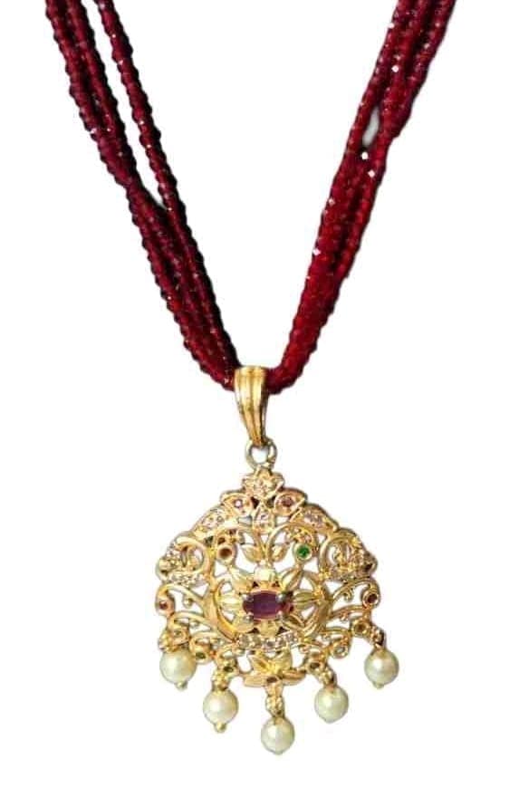 Traditional Indian Gold Plated Long Necklace Set with Red Beads and Pearls view 2