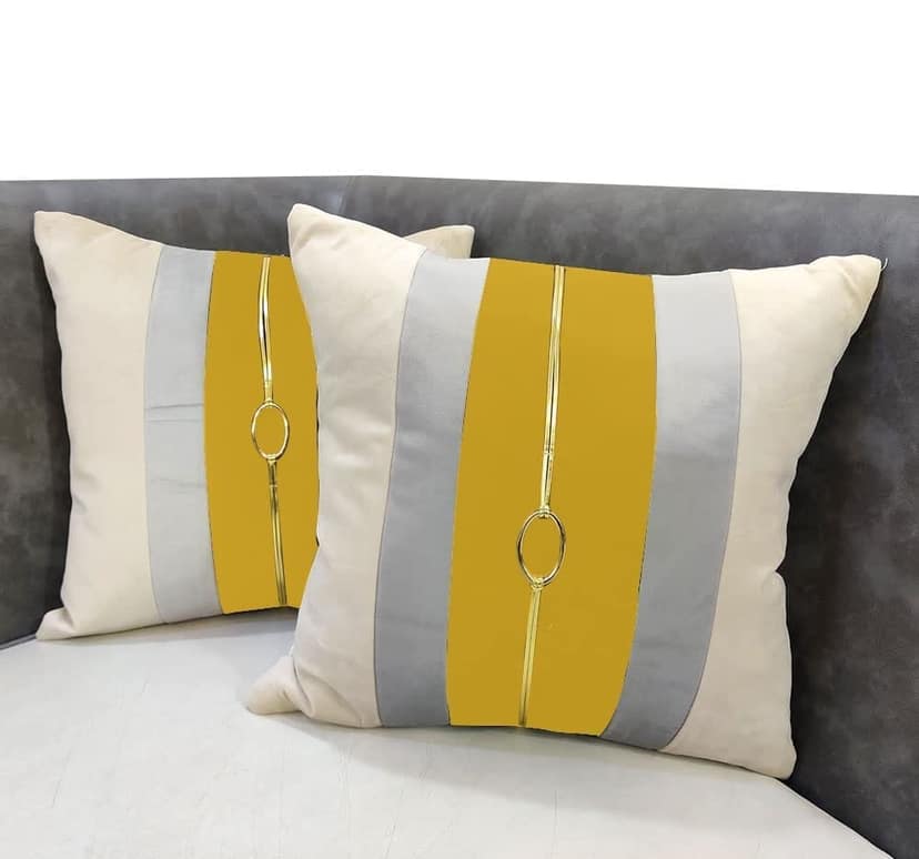 GOODVIBES Yellow Beige Gold Round Patchwork Velvet 2 Cushion Covers and 1 Table Runner Combo Luxury Modern Pillow Cover Decorative Pillow for Sofa Living Room Bedroom | 16X16 Inches I view 2