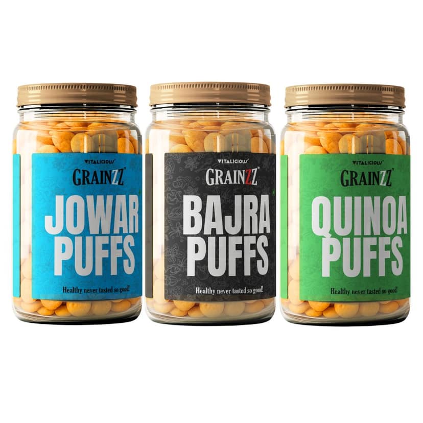 Grainzz 3-Puffs Healthy Trio – Jowar, Bajra & Quinoa Puffs | High Fibre | Zero Palm Oil | Light & Crunchy Snack Combo | 450g