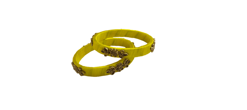 Vibrant Yellow Silk Thread Bangles Set for Women | Floral Embellished Indian Ethnic Jewelry view 2