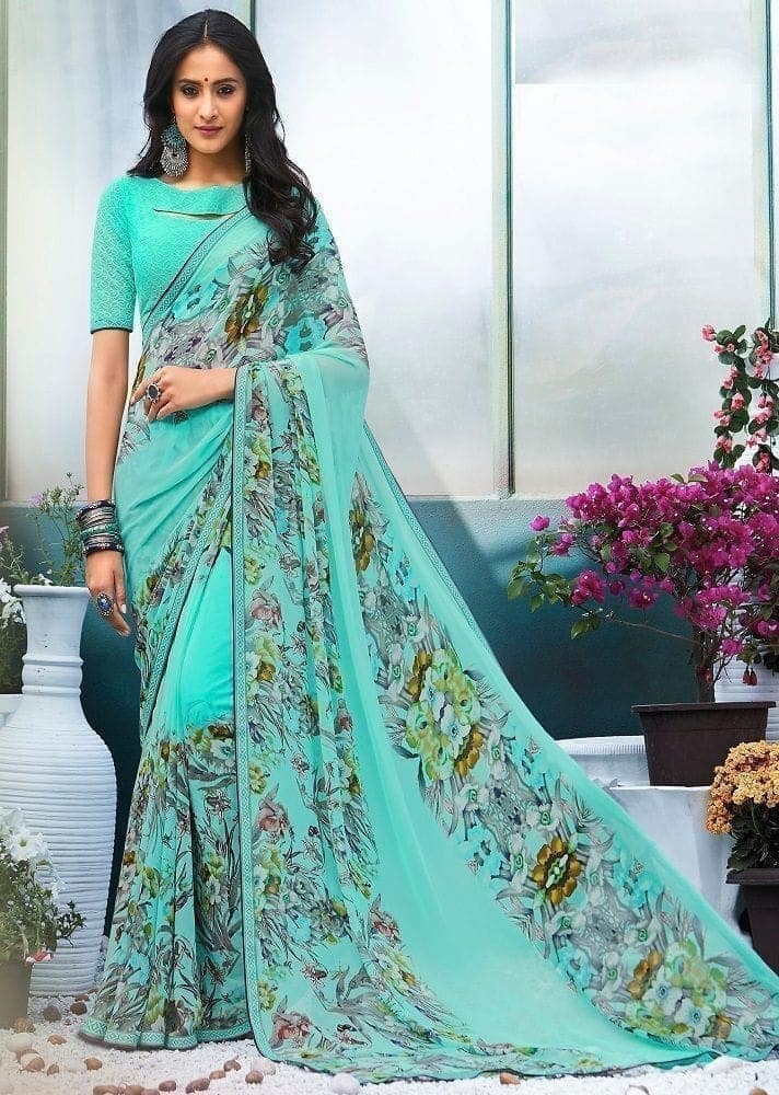 Blue Color Georgette Saree With Fancy Embroidery Lace Border And Embroidery Georgette Blouse Piece