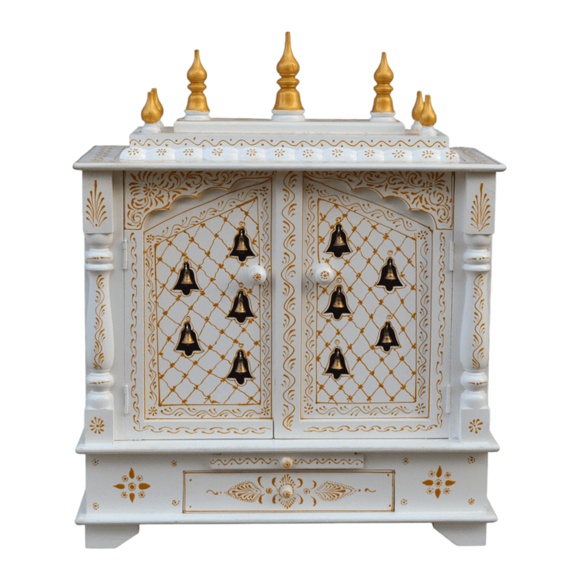 Wooden Temple Mandir White + Gold Finished Beautiful Hanging Bells Handcrafted Mandir Pooja Ghar Mandap For Worship Home Decor Art view 2