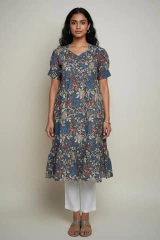 Slate Gray Pedana Kalamkari Cotton Tiered Dress with Floral Motifs
