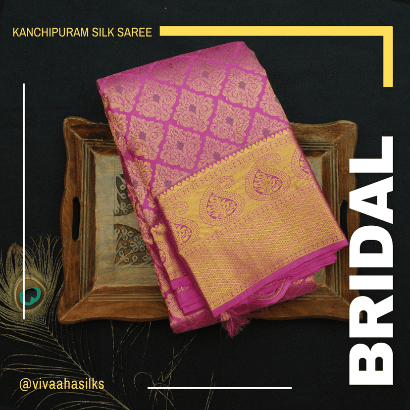 Handcrafted Kanjivaram Bridal Silk Saree in Pink with Meena Work