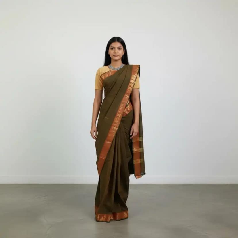Handwoven Kanchipuram Cotton Saree with Golden Woven Border