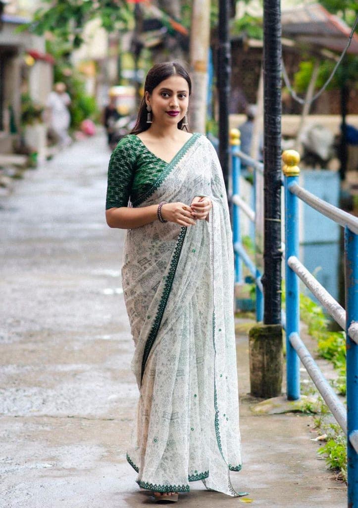 Printed Bollywood Georgette Saree (White, Green) view 2