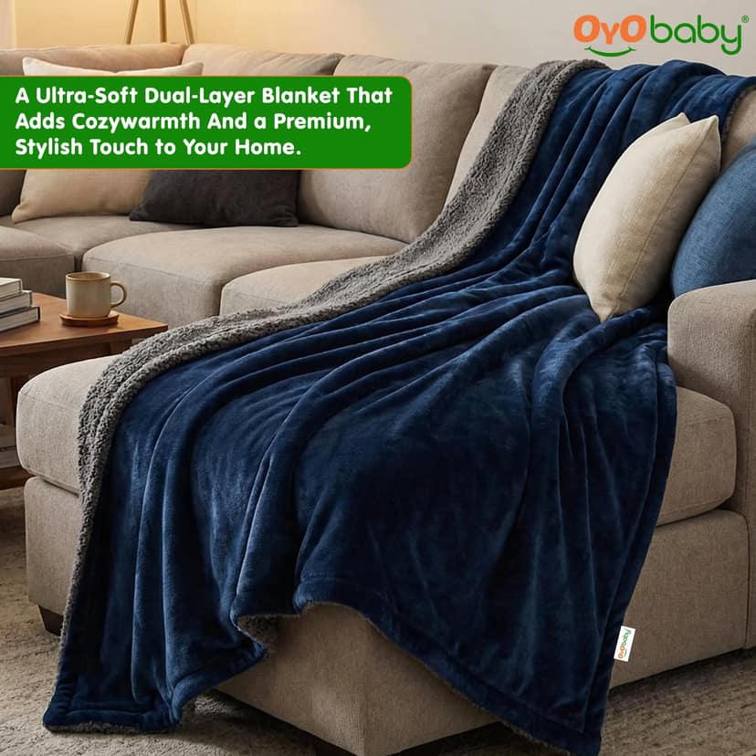 OYO BABY Premium Double Bed Sherpa Blanket | Reversible Flannel & Sherpa Fleece Blanket | Warm for Summer AC, Mild & Heavy Winter | Dark Blue & Grey Dual Color | 220x228cm (88 x 90 in) | 400 GSM OYO BABY Premium Double Bed Sherpa Blanket | Reversible Fla view 2