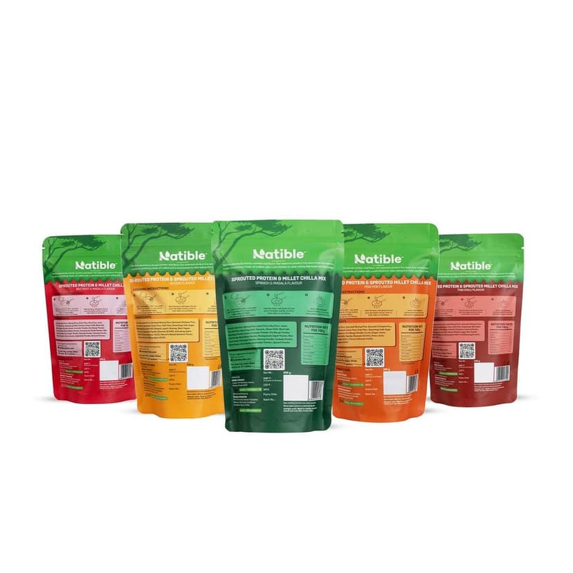 Natible Sprouted Protein & Millet Chilla Dosa Mix, Thai Chilli, Achari, Peri Peri, Beetroot & Spinach Flavour, Pack of 5. 200Gram Each view 2
