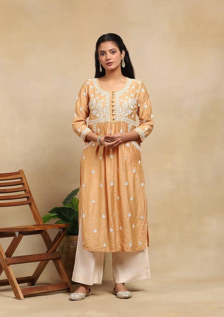Chanderi Chikankari Solid Women's Long Kurta- Beige view 2