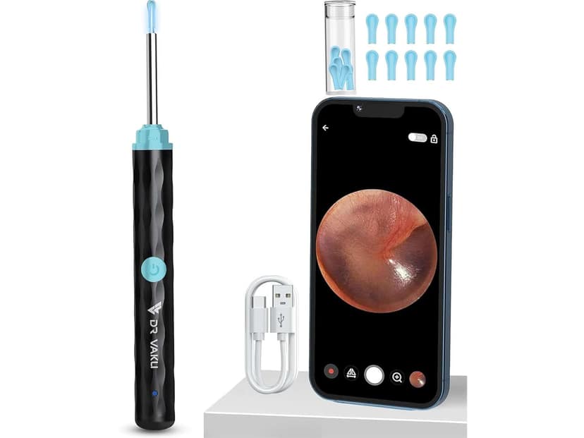 Dr Vaku Earocam Ear Cleaner Earwax Removal Tool Kit with HD Camera, Wi-Fi Connection & 6 LED Lights, Endoscope Tool for iOS & Android, with 11 Silicone Tips - Black