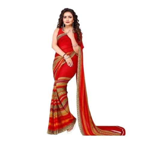 KHUSHBOO DESIGNERS Women's Solid Georgette 5.5 Meter Saree with Unstitched Blouse Piece [Red] view 2