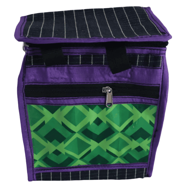Purple Insulated Lunch Bag with Green Geometric Pattern & Zipper view 2
