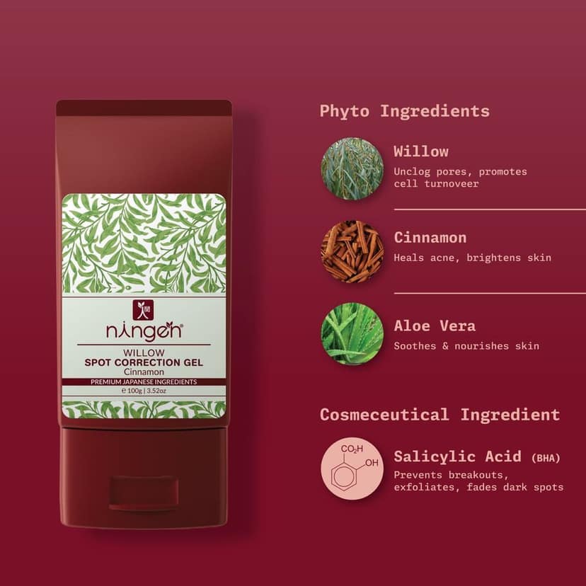 Ningen Willow Spot Correction Face Gel with added Cinnamon I Dermatologically Tested, Paraben Free I Heals and Reduces Acne and Rash Induced Spots I 100g view 2