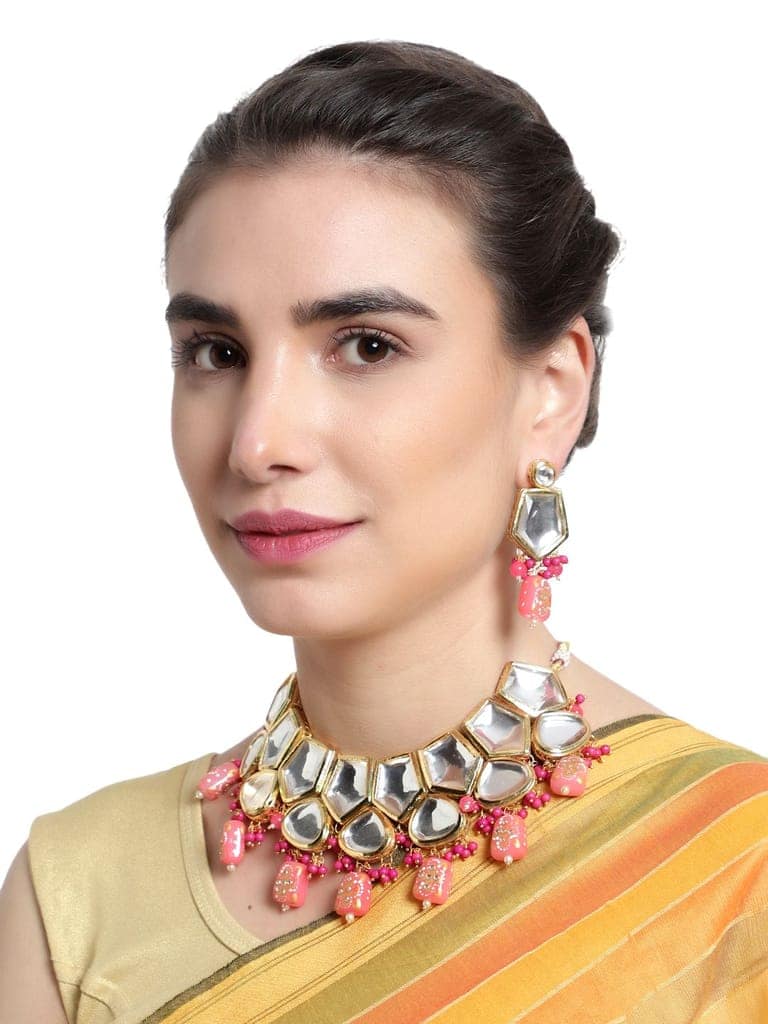 Cardinal Kundan Peach Color Gold Plated Brass Bridal Party wear Necklace Set view 2