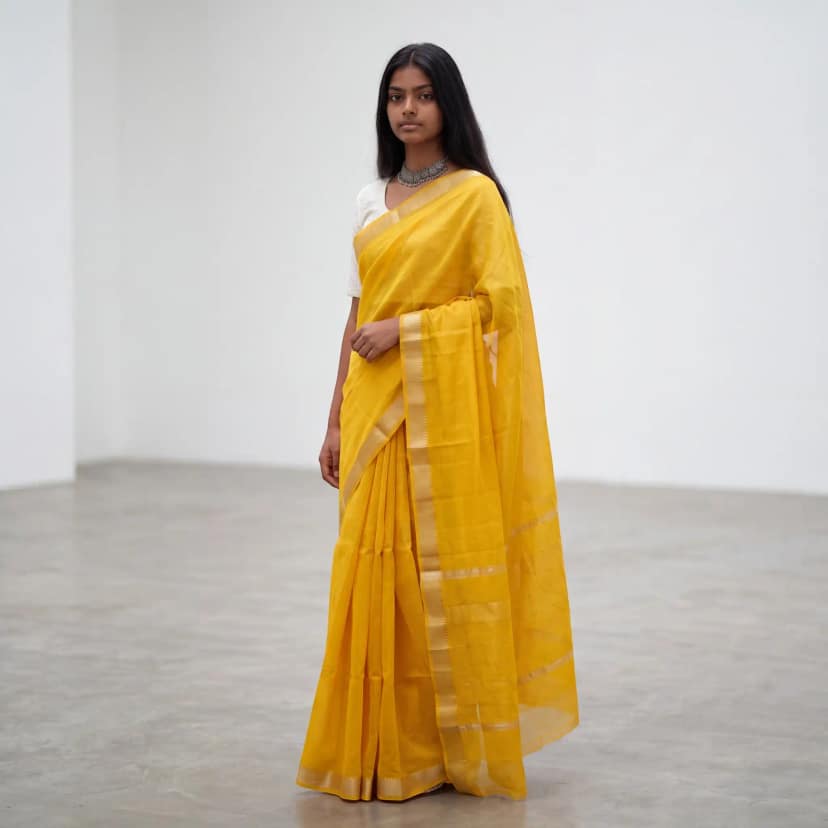 Mustard Gold Mangalagiri Semi Pattu Handloom Saree with Blouse view 2