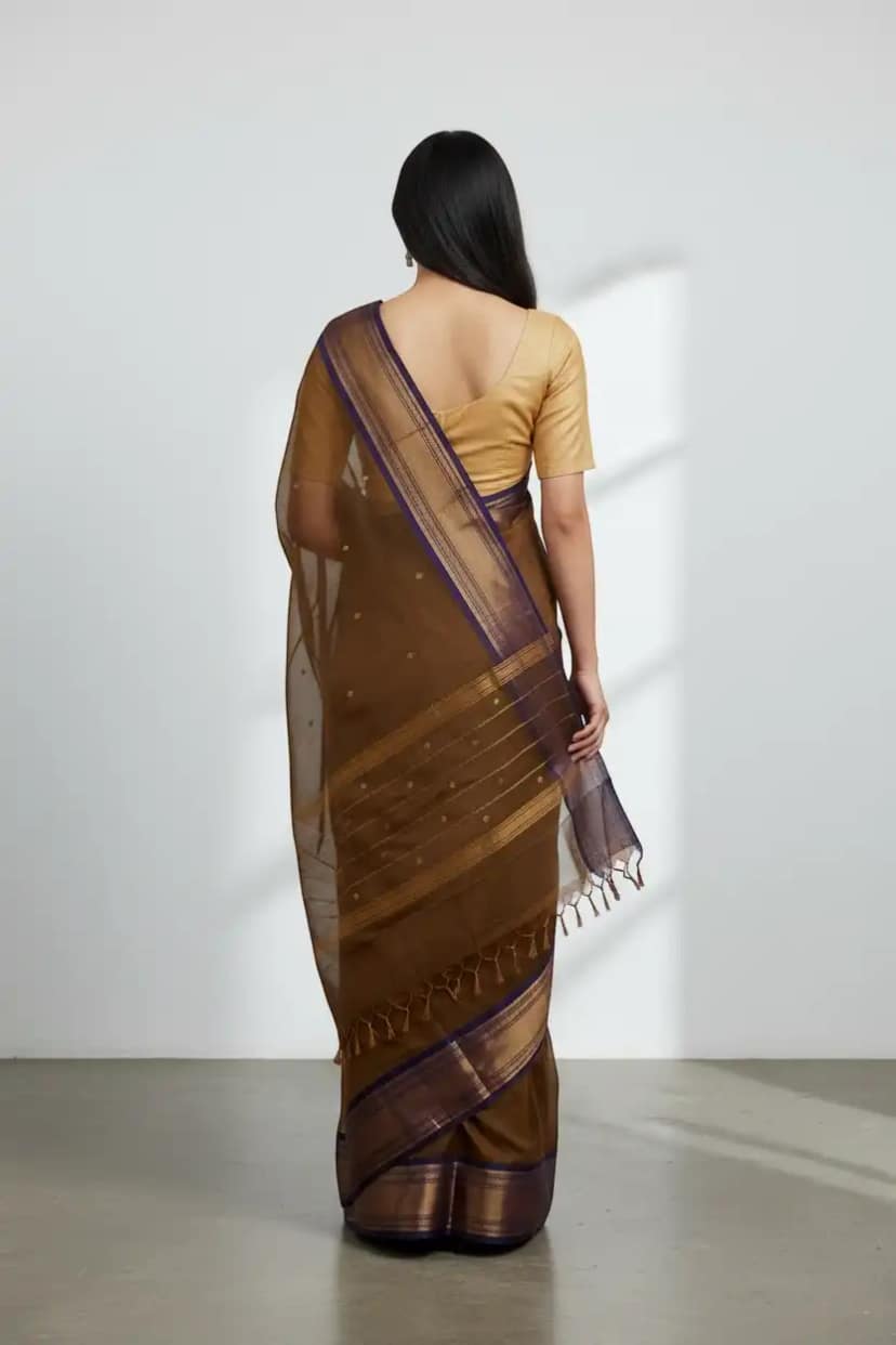 Handwoven Kanchipuram Cotton-Silk Saree in Coffee Brown with Zari Buttas view 2