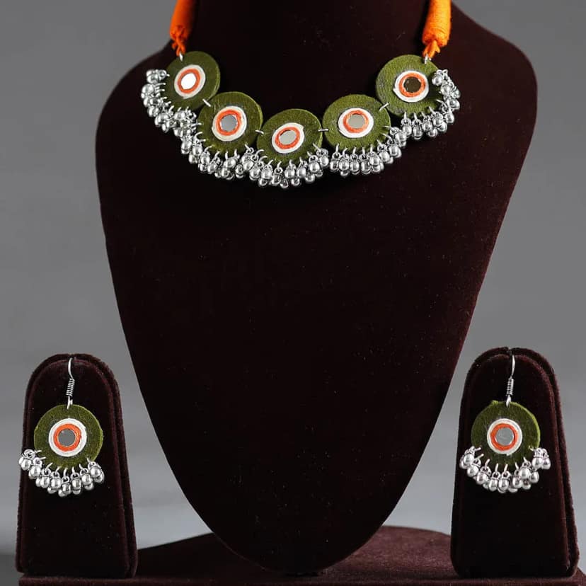 Multicolor Mirror Work German Silver Choker Set view 2