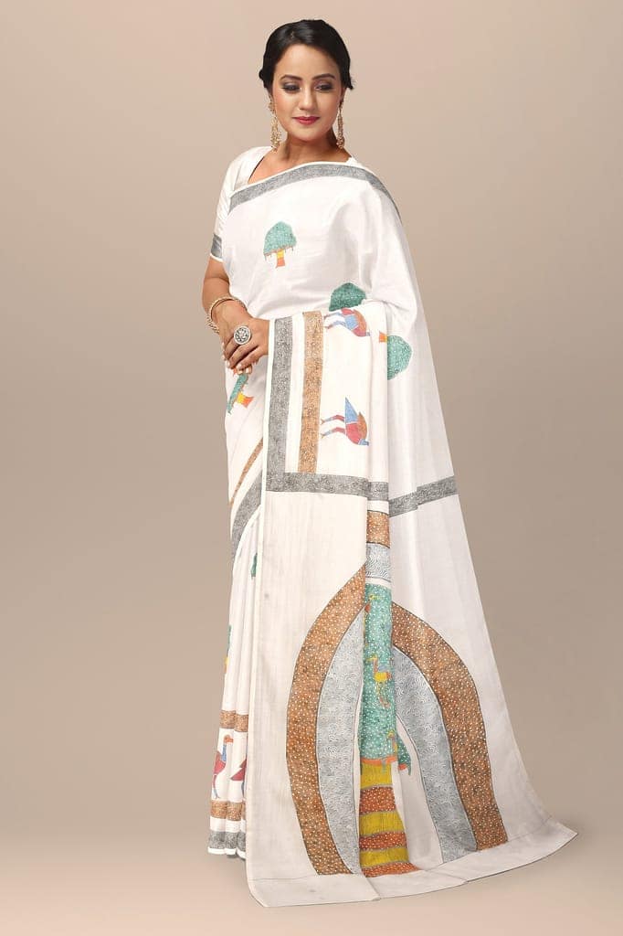 White Tree Painting Handwoven Hand Painted Sausar Silk Saree SKU-AS10036 view 2