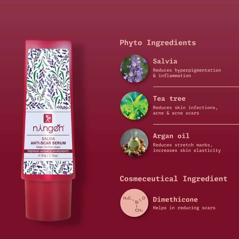 Ningen Salvia Skin Clarifying Anti-Scar Face Serum I With Essence of Ginger, Tea Tree & Argan I Dermatologically Tested, Paraben Free I Treats Prolonging Scars and Stretch Marks I 50g view 2