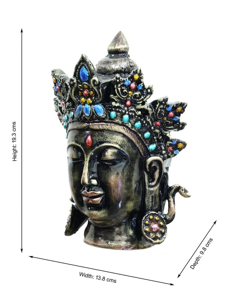 COPPERHOARD Antique Multicoloured Resin Tara Devi Goddess Tara Meditating Buddha Head Statue with Beautiful Smile and Crown for Home Decor and Gifting. view 2