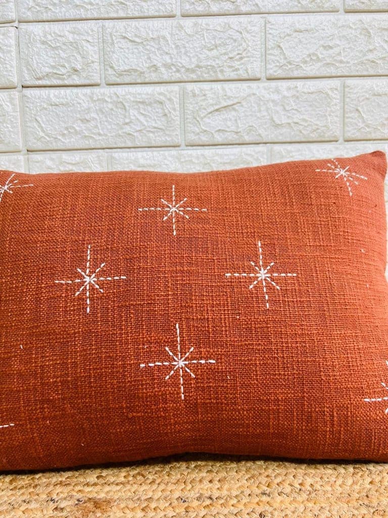 Indihomecraft Handicraft Cotton Cushion Cover - Hand Stitched Embroidery Decorative Art Boho Pillow Star Shape Red Brick Hand Made Pillow Cover | Square Shape 14X20 Inches Cushion Cover view 2