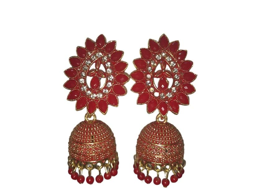 Red and gold jhumka earrings with intricate detailing view 2