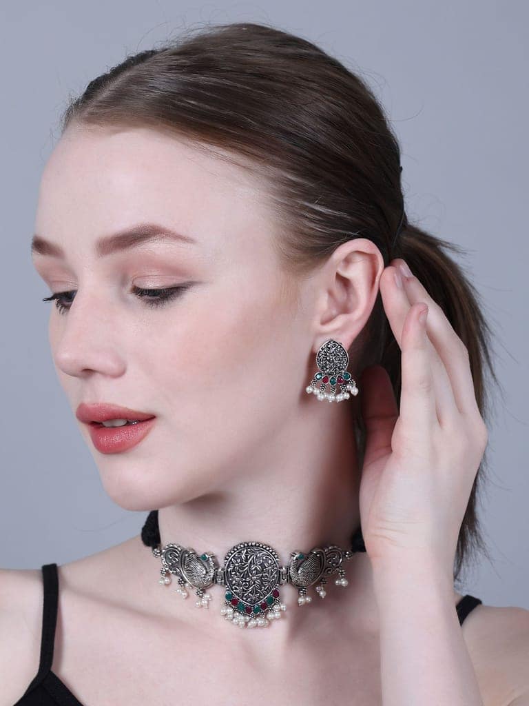 Pujvi Fashions Oxidised Round With Peacock Multicolor Stone Choker Necklace set view 2