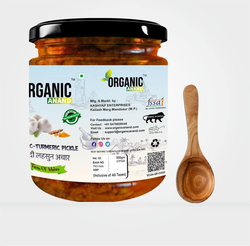 Organic Anand Homemade Garlic Turmeric Pickle 500gm Kachi Haldi and Lahsoon/Lassan/Lahsun Ka Achaar with Neemwood Spoon Flavourful, Delicious, Traditional Taste (Pack of 1) view 2