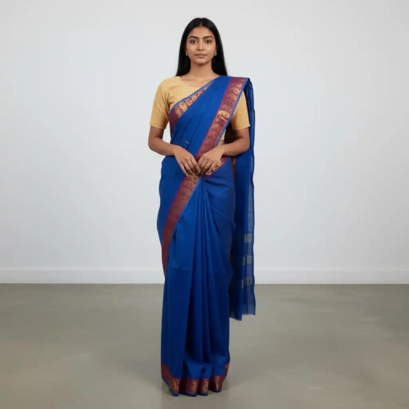 Handwoven Kanchipuram Cotton Saree in Royal Blue with Golden Border