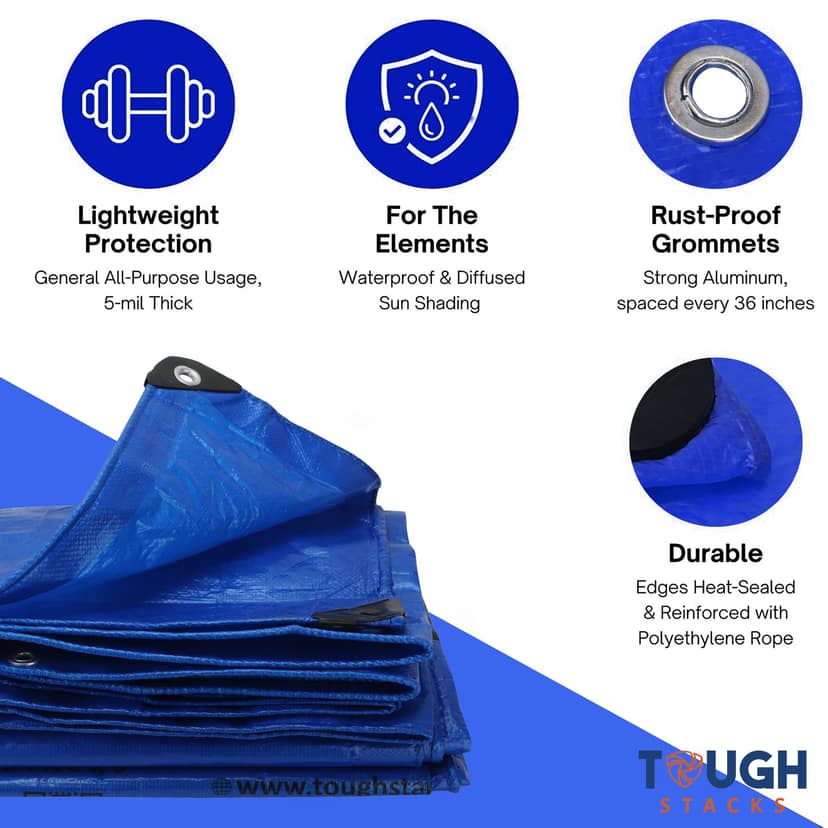 Toughstacks 150 GSM Blue Tarpaulin Tirpal Tadpatri Tharpai Thadika Tarp | Waterproof, UV Resistant, Rot/Rip/Tear Proof, Reinforced Eyelets Strong Tarpaulin for Multi-Purpose | view 2