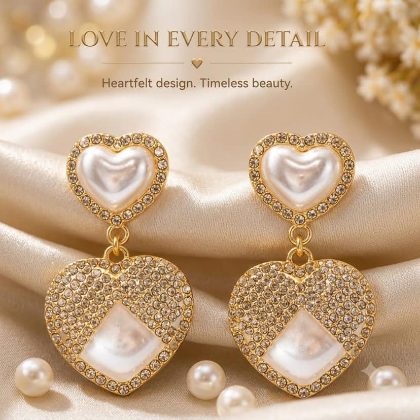 Elegantra Celebrity Style Double Heart Drop Earrings | 18K Gold Plated Waterproof Stainless Steel Romantic Hanging Tops | Perfect Valentine Birthday Gift for Women & Girls view 2